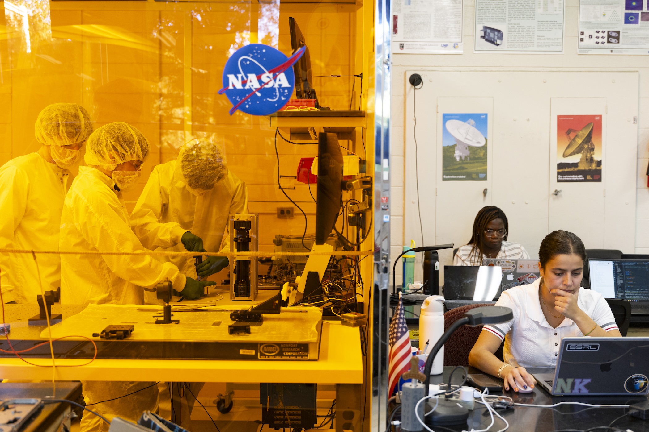 photo of people working in clean room, split with students at computers