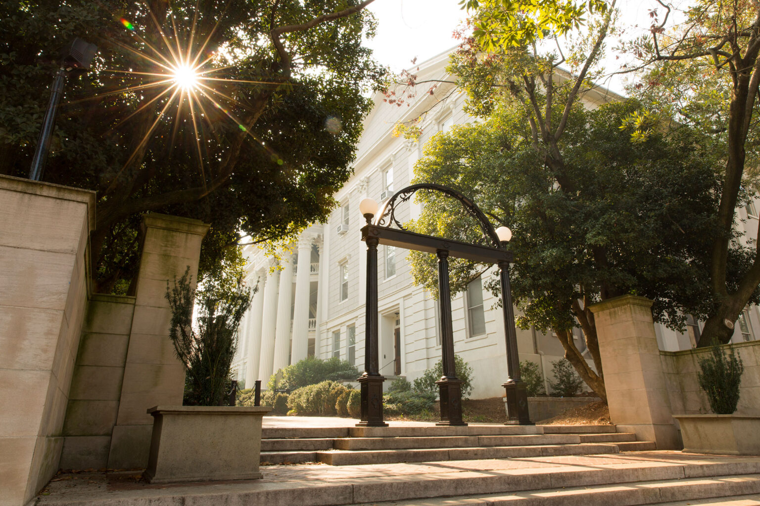 photo of arch, trees, building in background, day