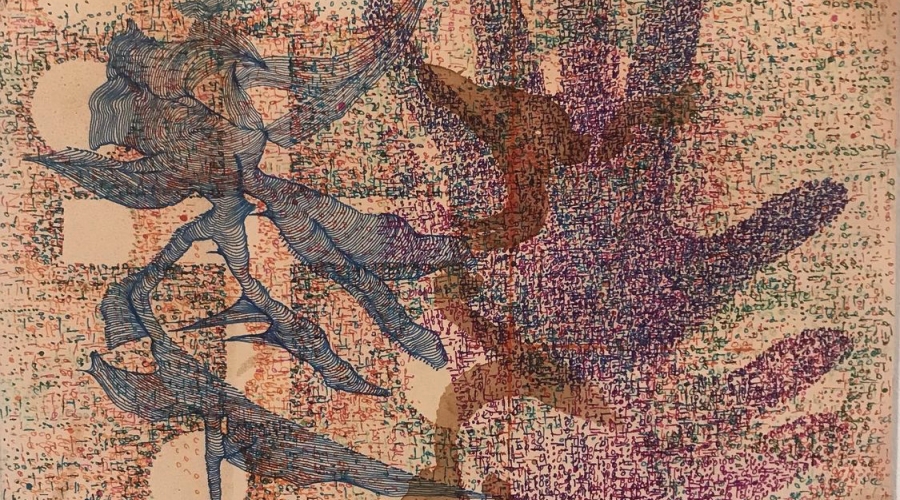 photograph of colorful drawing, with hand shape