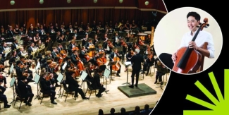 photo of orchestra, with inset photo of man with cello