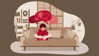 illustration of child seated on couch, with thought bubbles