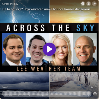 graphic with photos of four people, stormy skies, play button