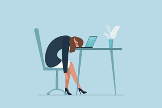 graphic with figure laying head on desk with laptop, blue background