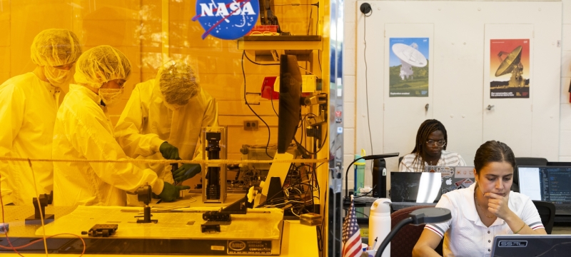 photo of people working in clean room, split with students at computers