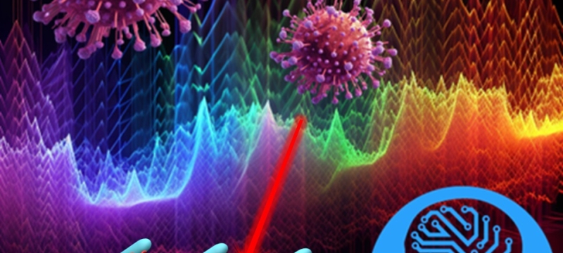 graphic illustration with virus molecules, waves graph and human head profile 