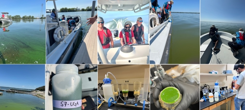 grid of 17 photos, with boats, water, research tools, people