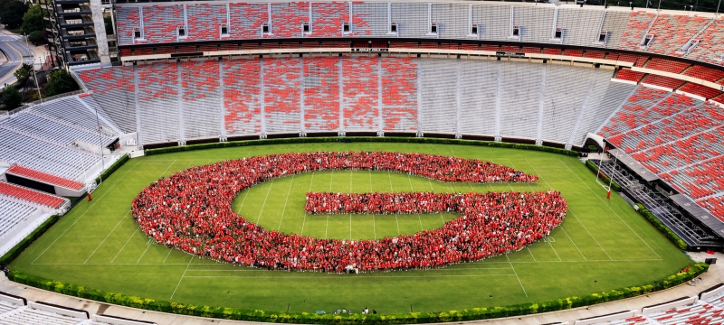 photo of large group of people forming G in stadium