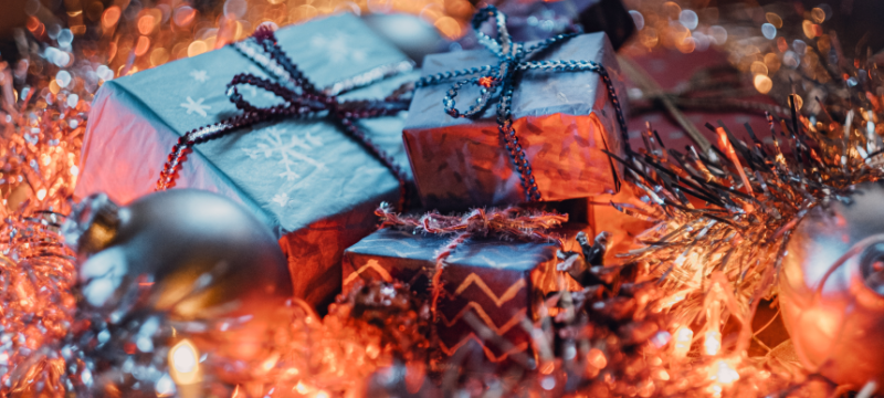 photo of wrapped packages, tinsel