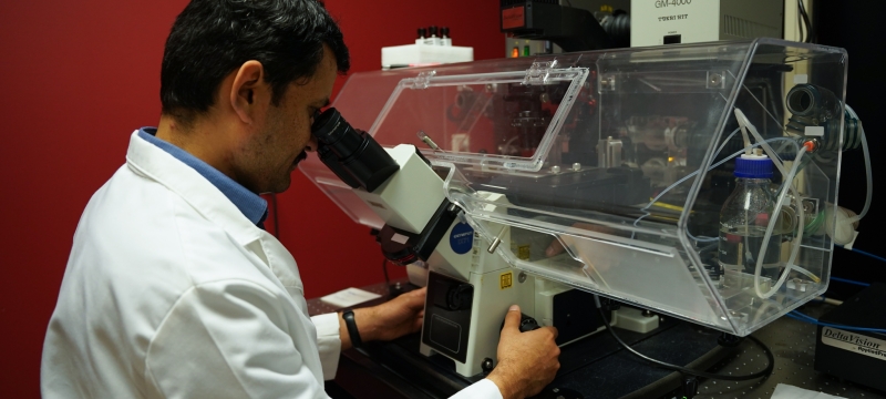 photo of man using microscope in lab