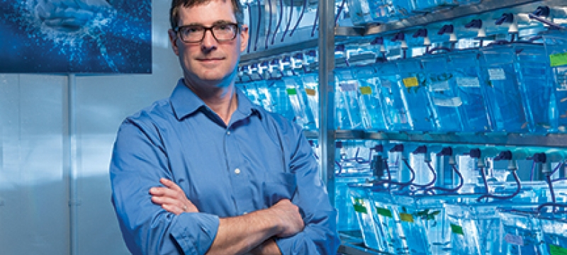 man in lab with blue lights
