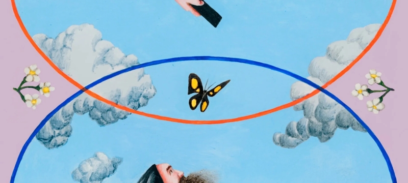 graphic image with inverted monks, top and bottom, butterfly