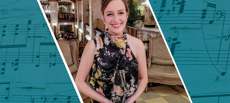 graphic with photo of woman and sheet music