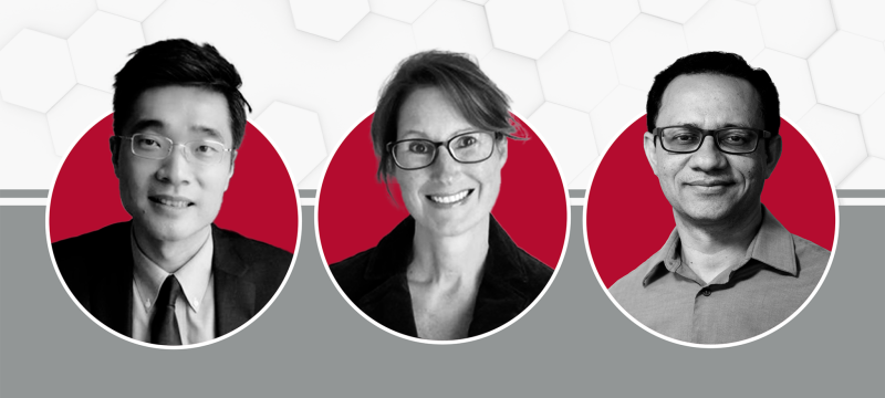 headshots of three people on red circle graphic