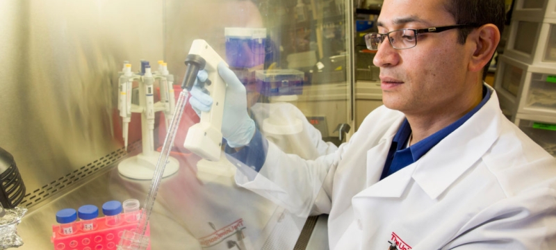 photo of man in lab coat with tubes in isolation chamber