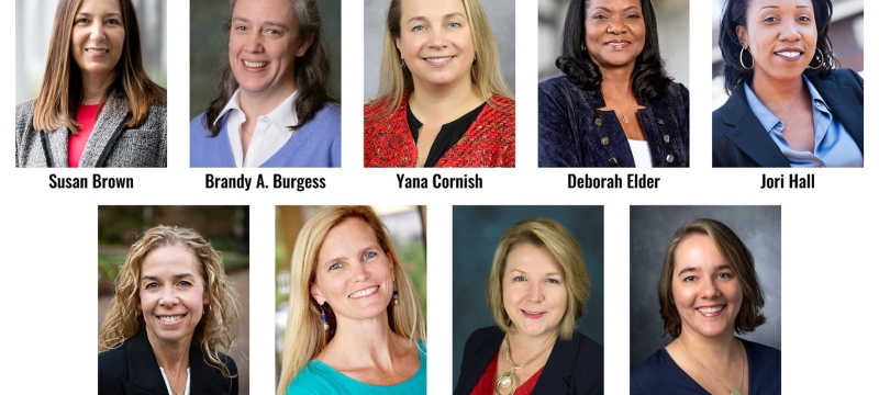 composite of 9 headshot photos of women