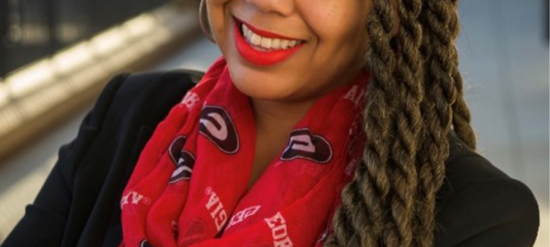 photo of woman with graphic color and text