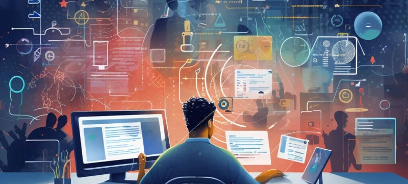 graphic illustrations with figure, computer, shapes and colorful designs