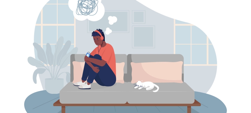 graphic illustration with person on couch with headphones, cat