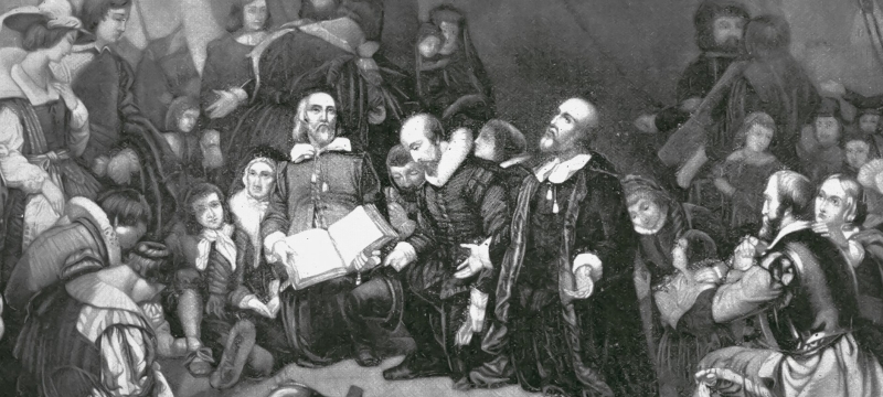 black and white engraving of puritan discussion and service