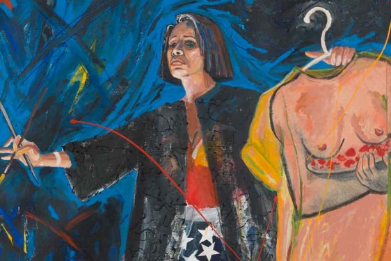 photo of a painting with figure holding brushes and suit on hanger