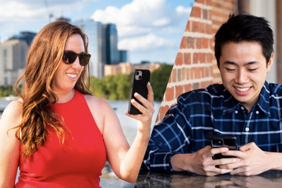 split photo of two people using smart phones