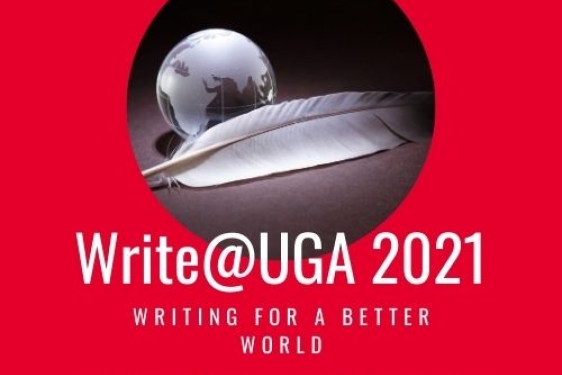 graphic on red with globe and quill pen